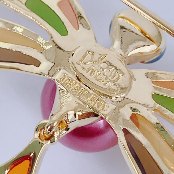 VTG Joan Rivers Signed Dragonfly Brooch Gold Tone Enamel Articulated Colorful - Picture 8 of 12